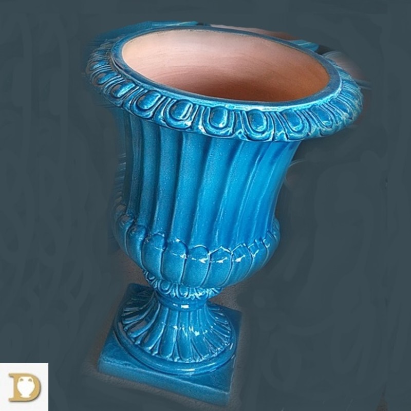 vaso calice scannellato smaltato in blu persiano